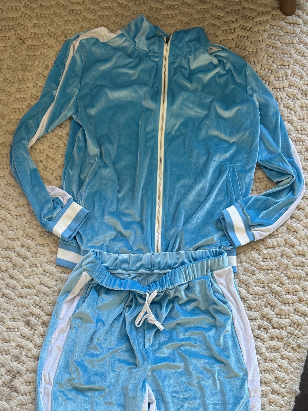 Men's Light Blue Velour Tracksuit Set with pockets, stripe details